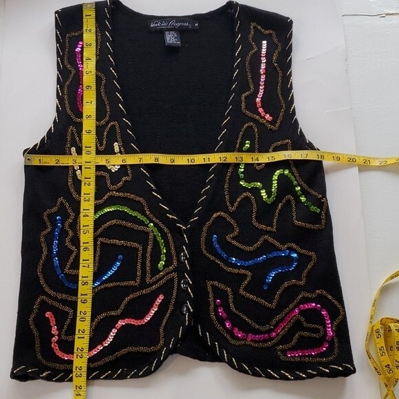 VINTAGE WORK IN PROGRESS UGLY SWEATER VEST BUTTON CARDIGAN SEQUIN BLACK MEDIUM - Picture 7 of 7